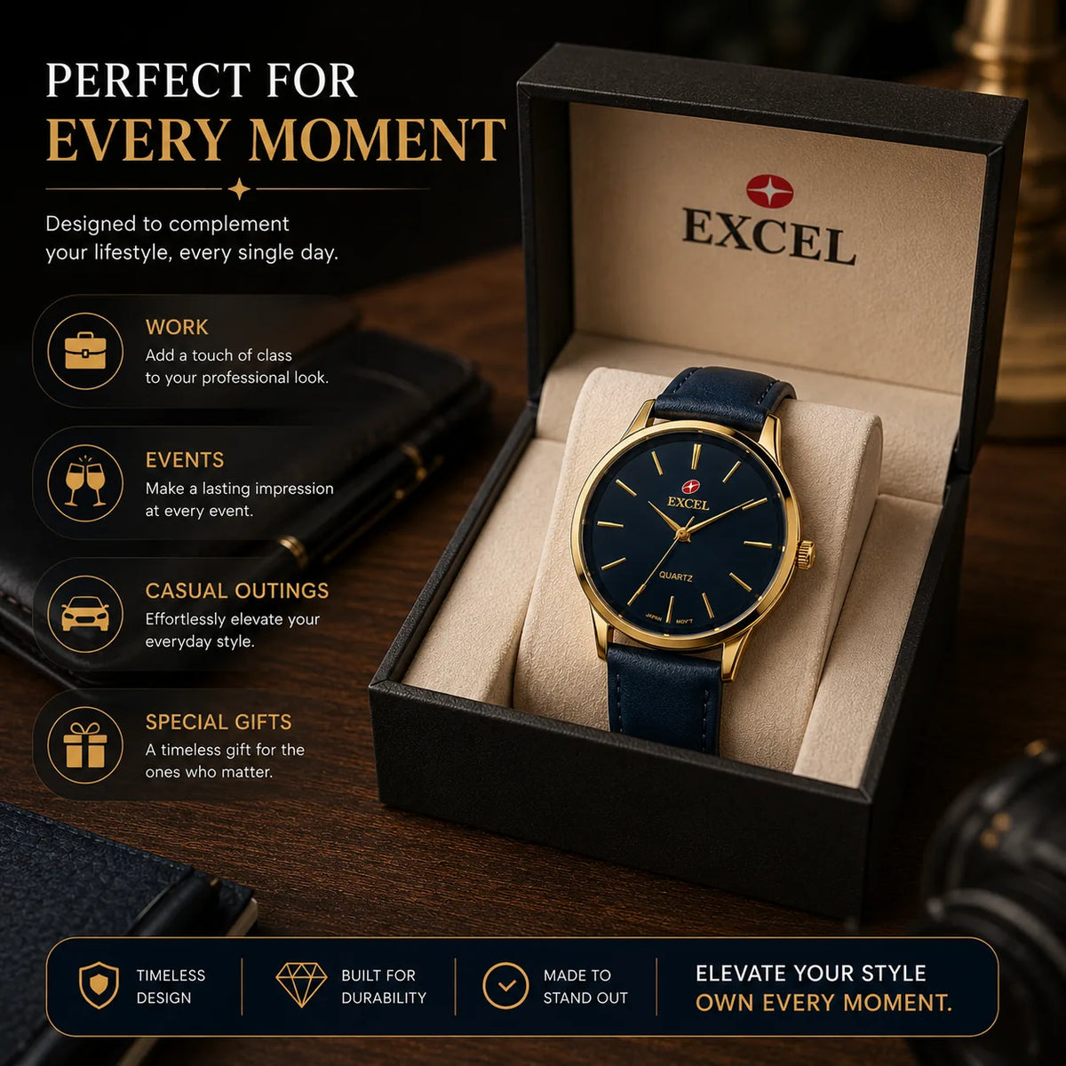 EXCEL Midnight Navy — Gold Case Leather Watch