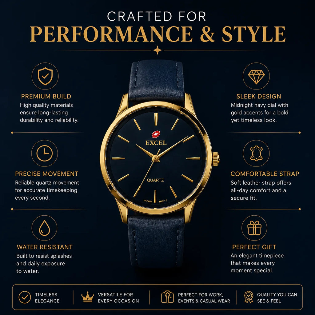 EXCEL Midnight Navy — Gold Case Leather Watch