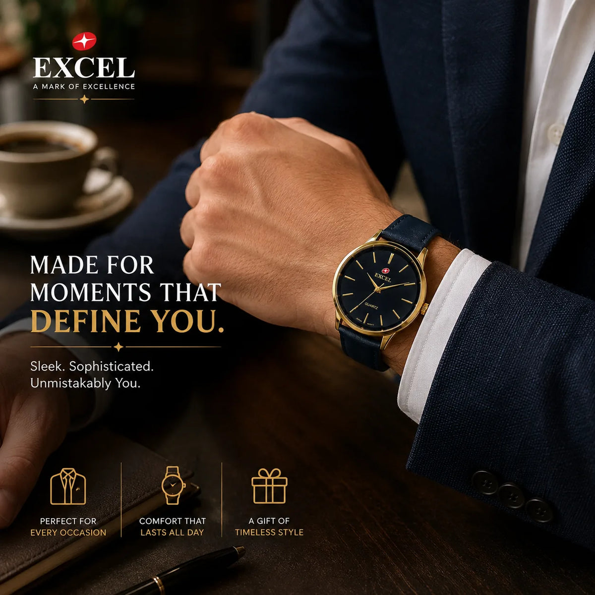 EXCEL Midnight Navy — Gold Case Leather Watch