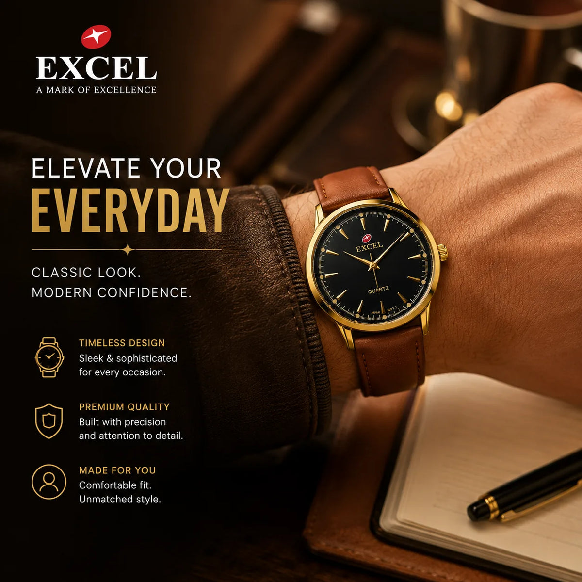 EXCEL Noir Gold — Black Dial Leather Watch | Brown Strap