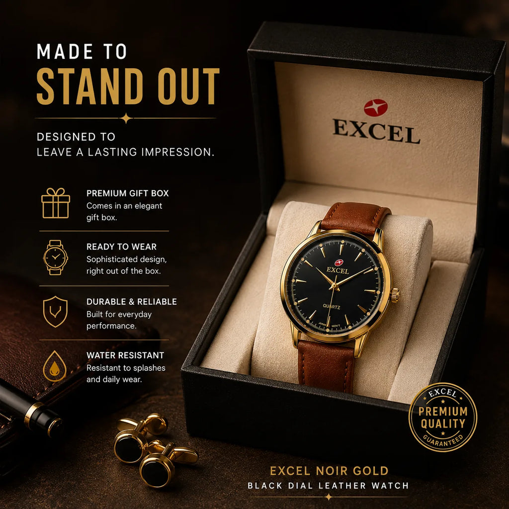 EXCEL Noir Gold — Black Dial Leather Watch | Brown Strap