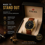 EXCEL Noir Gold — Black Dial Leather Watch | Brown Strap