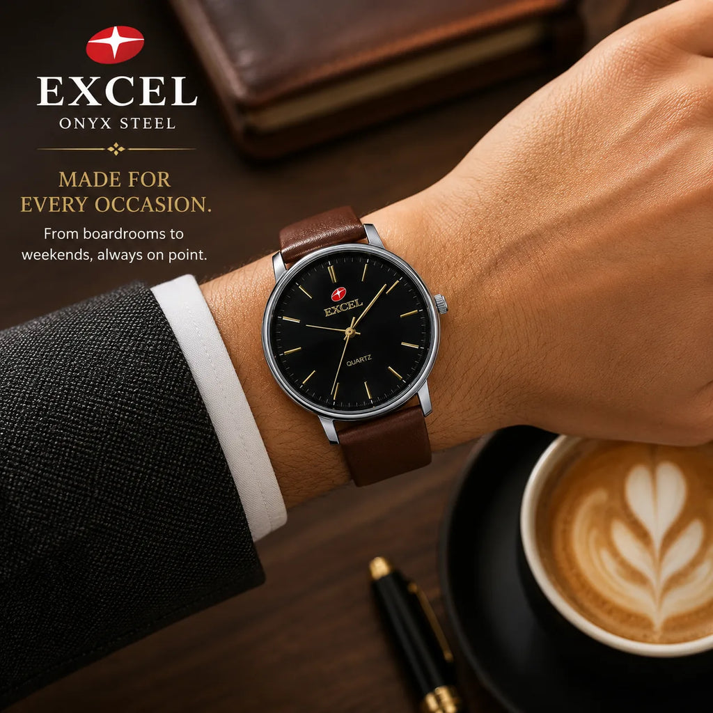 EXCEL Onyx Steel — Black Dial Leather Watch | Brown Strap