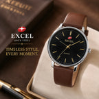 EXCEL Onyx Steel — Black Dial Leather Watch | Brown Strap