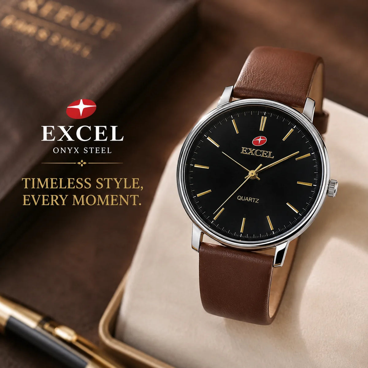 EXCEL Onyx Steel — Black Dial Leather Watch | Brown Strap