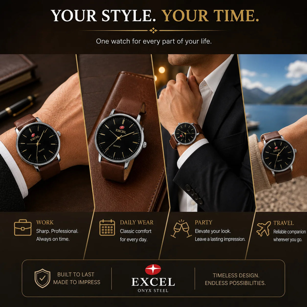 EXCEL Onyx Steel — Black Dial Leather Watch | Brown Strap