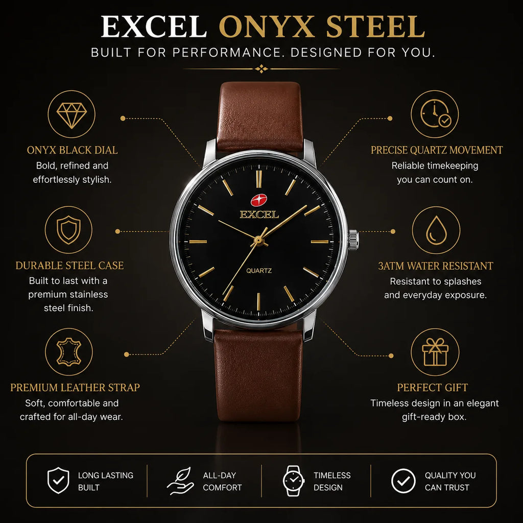 EXCEL Onyx Steel — Black Dial Leather Watch | Brown Strap