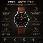 EXCEL Onyx Steel — Black Dial Leather Watch | Brown Strap