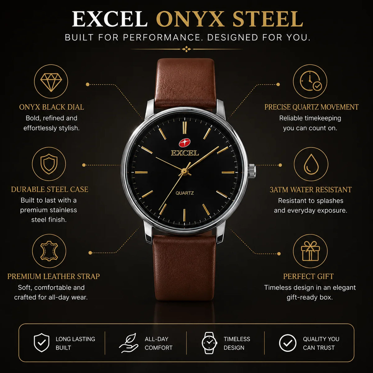 EXCEL Onyx Steel — Black Dial Leather Watch | Brown Strap