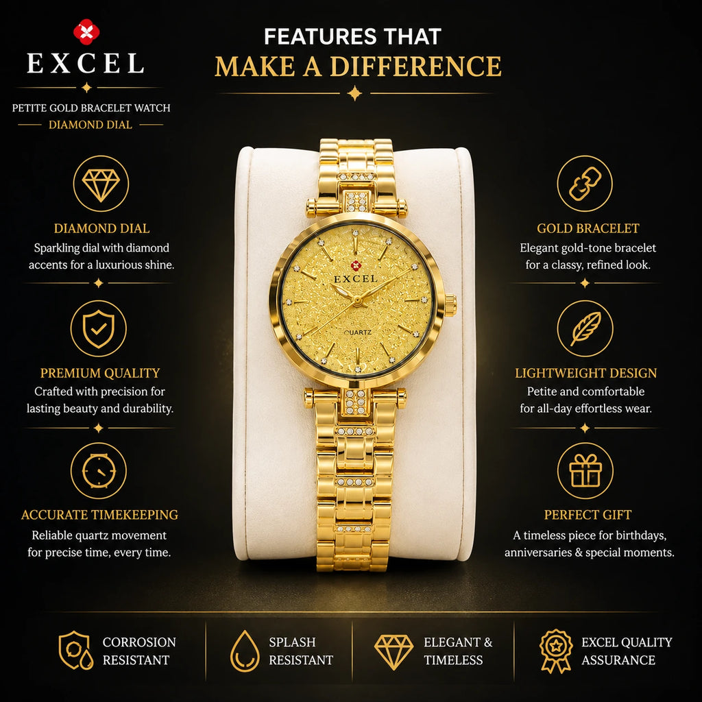 EXCEL Petite Gold Bracelet Watch — Diamond Dial