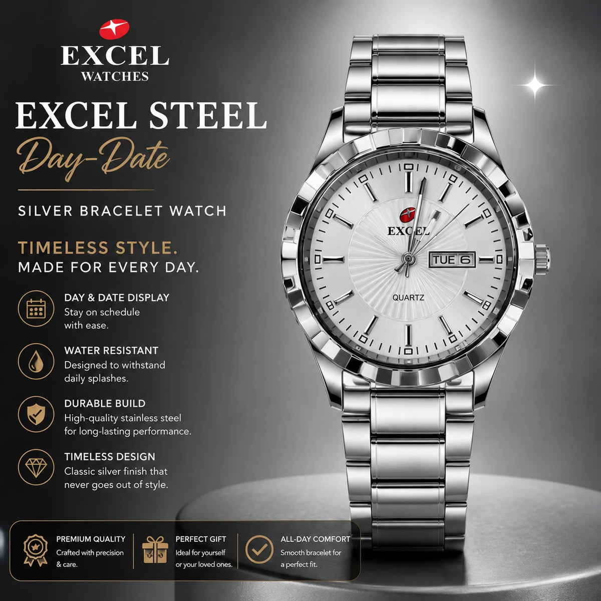 EXCEL Steel Day-Date — Silver Bracelet Watch