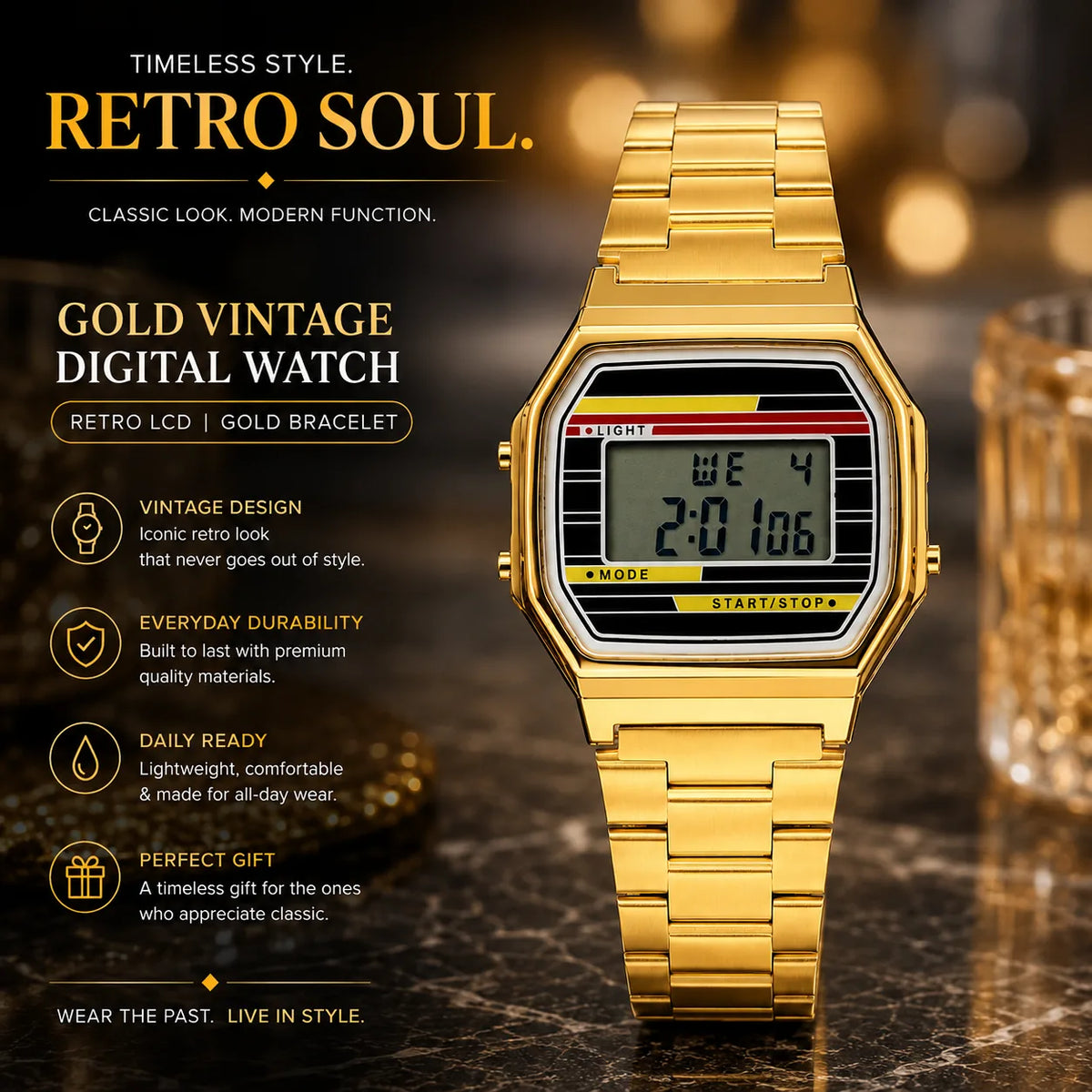 Gold Vintage Digital Watch — Retro LCD | Gold Bracelet