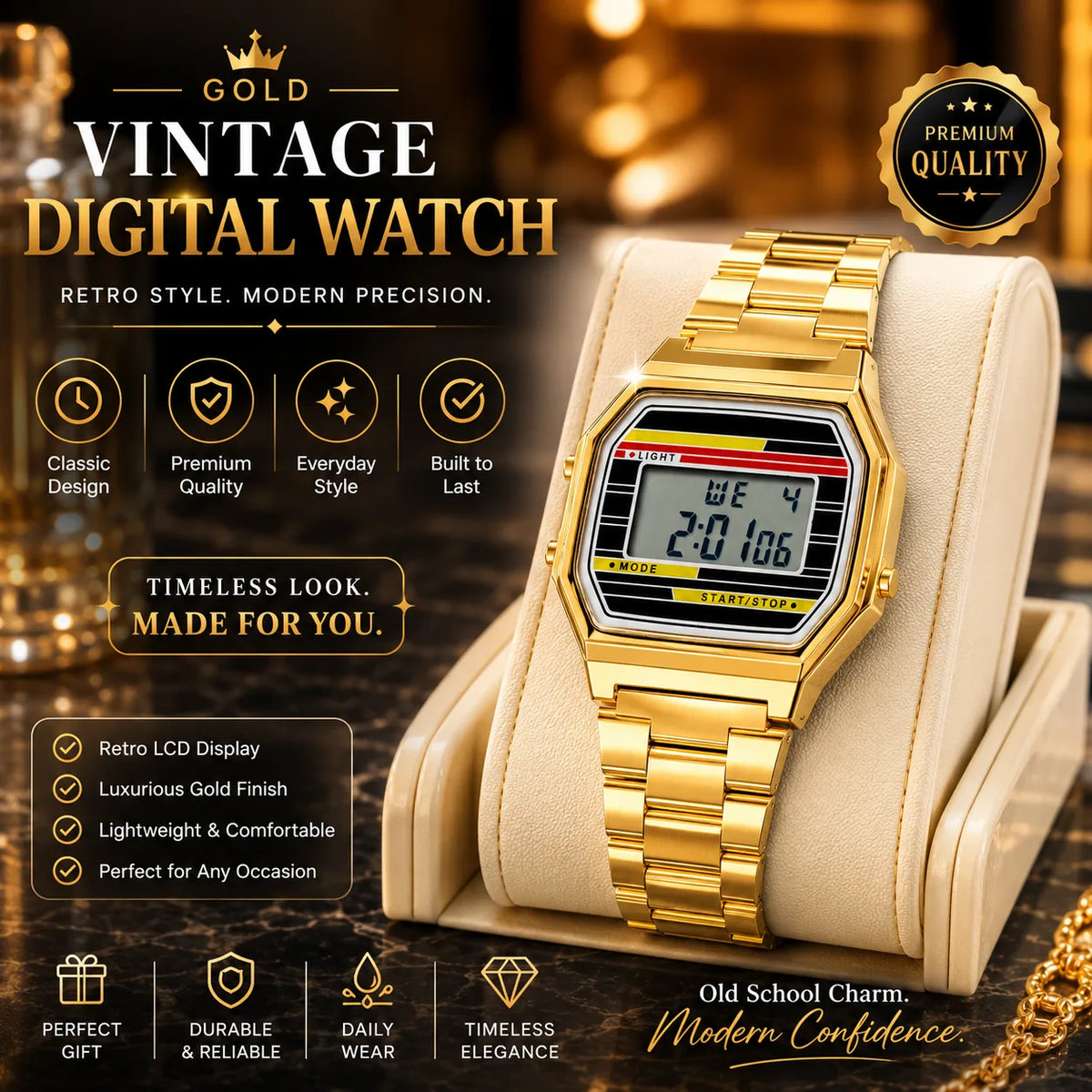 Gold Vintage Digital Watch — Retro LCD | Gold Bracelet