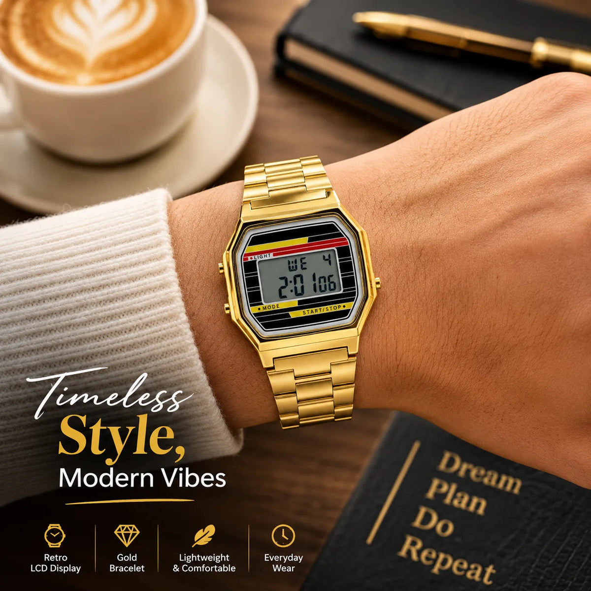 Gold Vintage Digital Watch — Retro LCD | Gold Bracelet