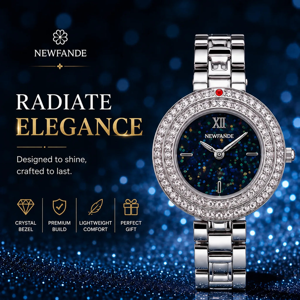 NEWFANDE Celeste Silver — Crystal Bezel Bracelet Watch