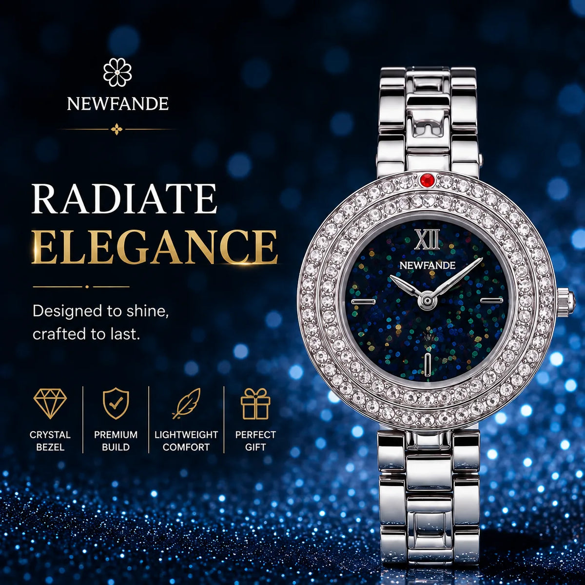 NEWFANDE Celeste Silver — Crystal Bezel Bracelet Watch