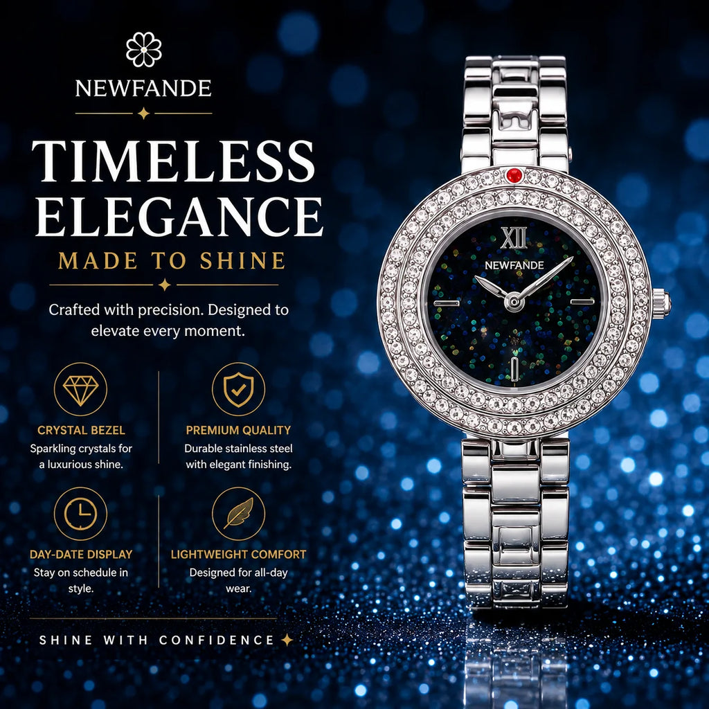 NEWFANDE Celeste Silver — Crystal Bezel Bracelet Watch