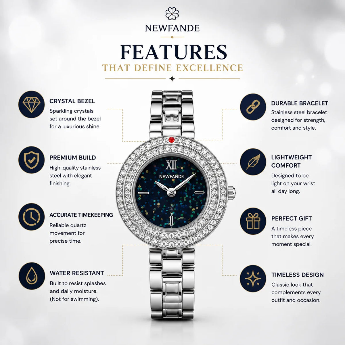 NEWFANDE Celeste Silver — Crystal Bezel Bracelet Watch