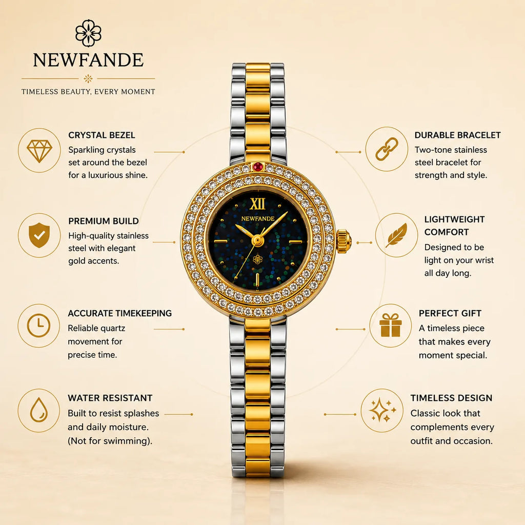 NEWFANDE Duo Celeste — Crystal Bezel Two-Tone Bracelet Watch