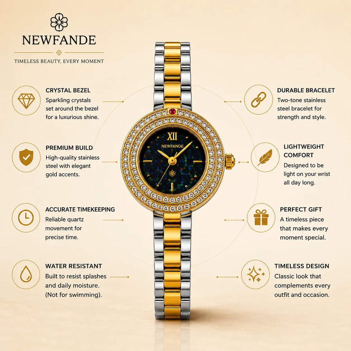 NEWFANDE Duo Celeste — Crystal Bezel Two-Tone Bracelet Watch