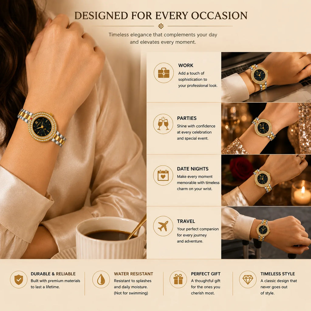 NEWFANDE Duo Celeste — Crystal Bezel Two-Tone Bracelet Watch
