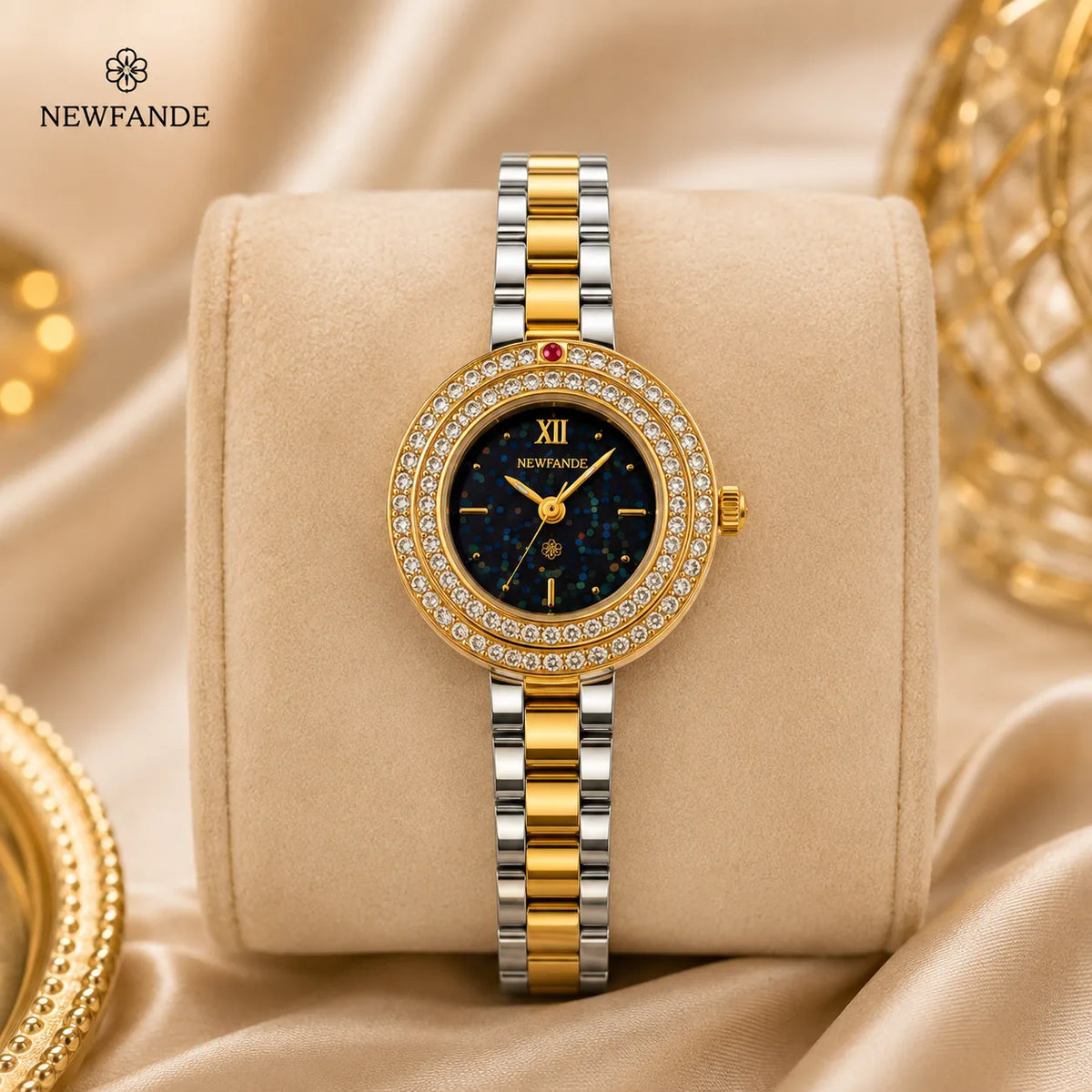 NEWFANDE Duo Celeste — Crystal Bezel Two-Tone Bracelet Watch