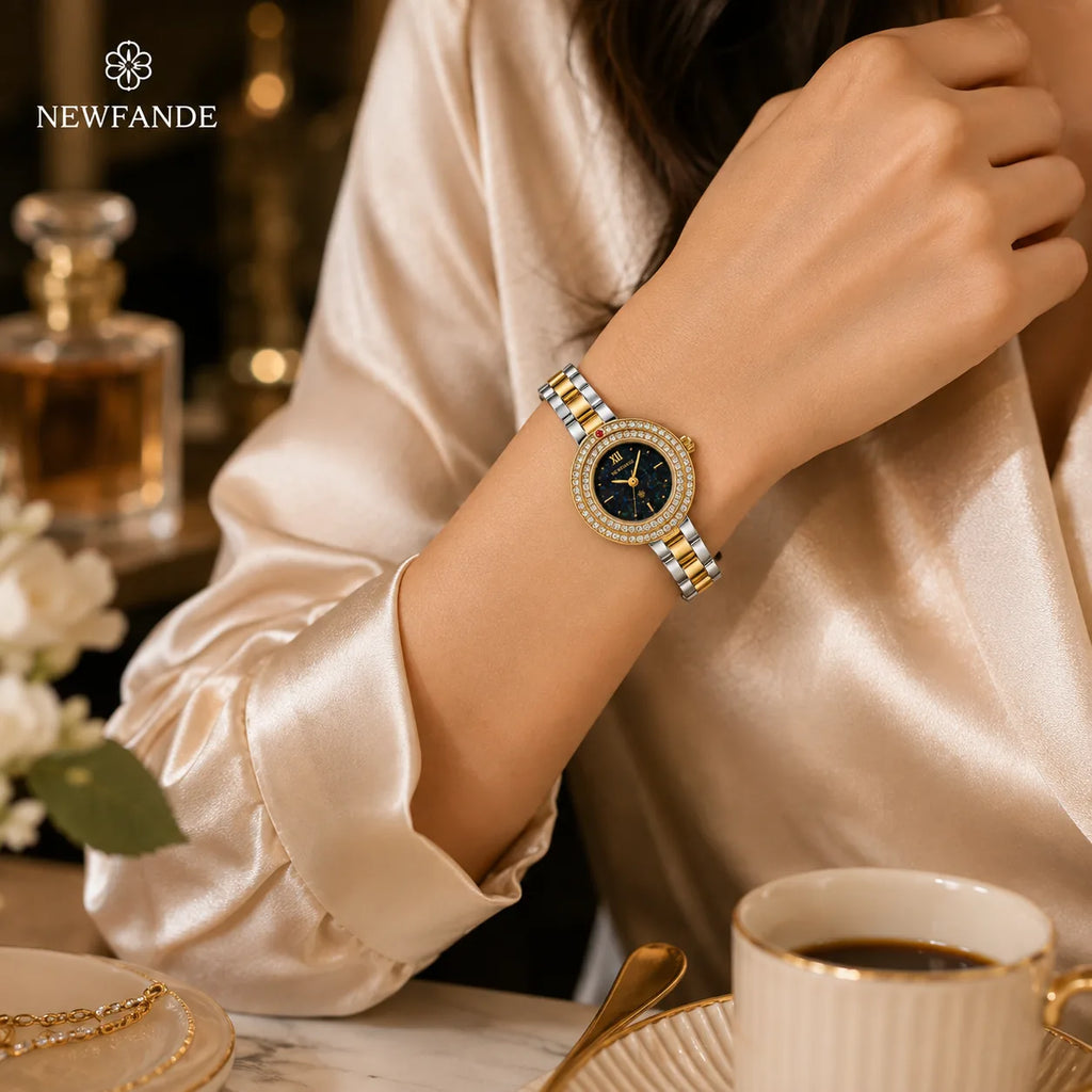 NEWFANDE Duo Celeste — Crystal Bezel Two-Tone Bracelet Watch