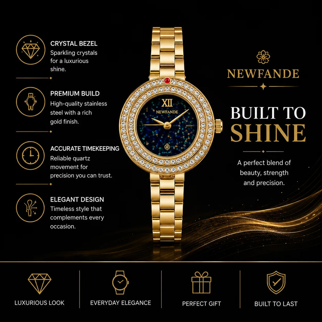 NEWFANDE Golden Celeste — Crystal Bezel Bracelet Watch | Gold