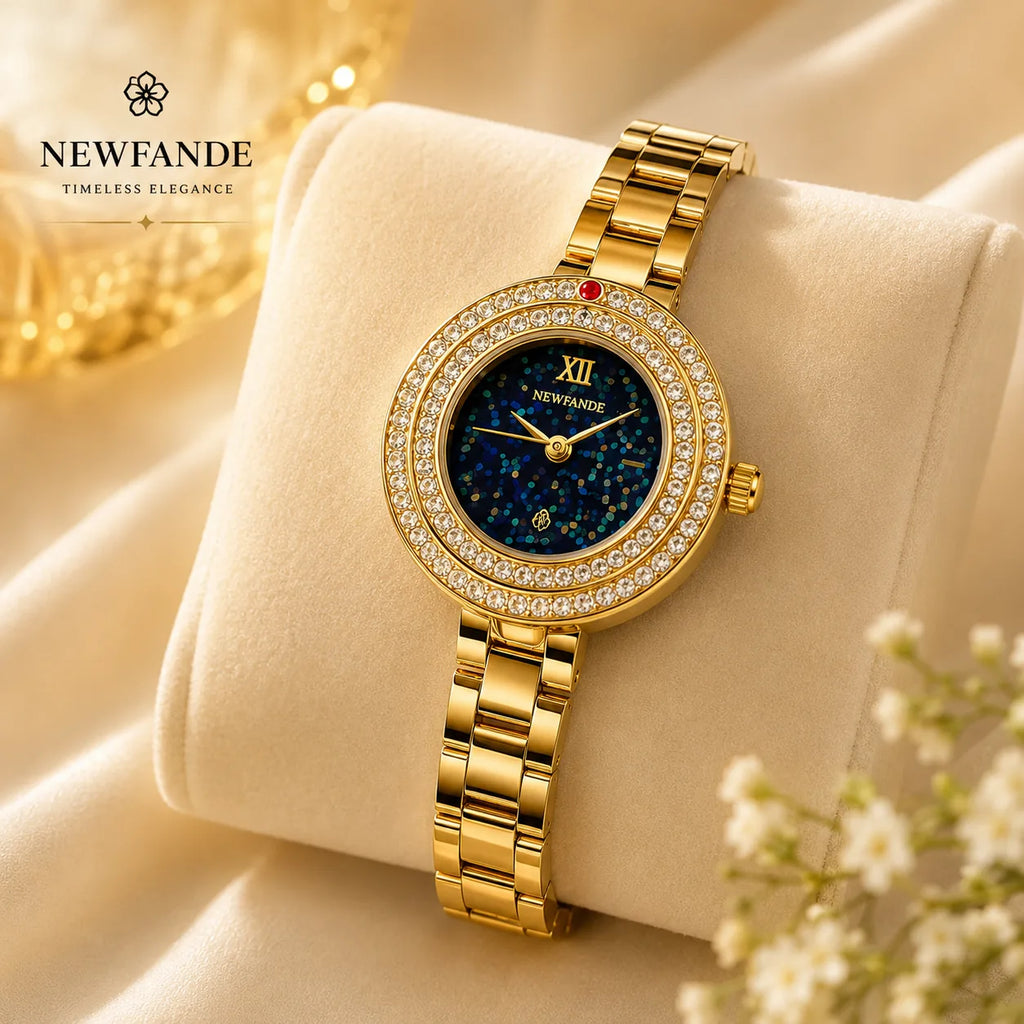 NEWFANDE Golden Celeste — Crystal Bezel Bracelet Watch | Gold