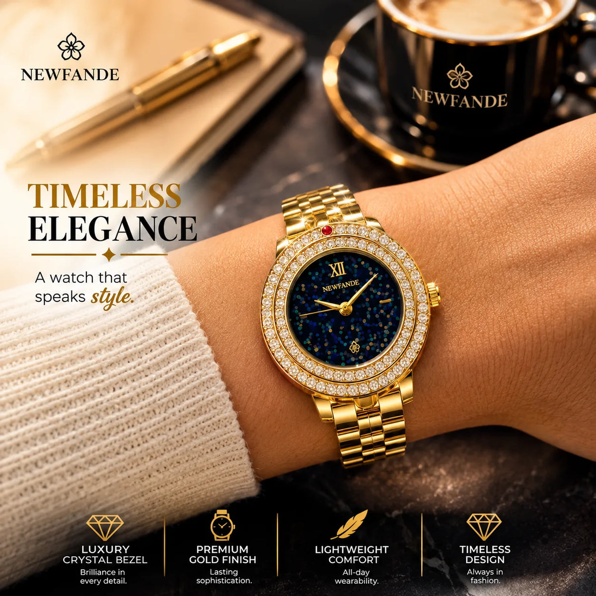 NEWFANDE Golden Celeste — Crystal Bezel Bracelet Watch | Gold