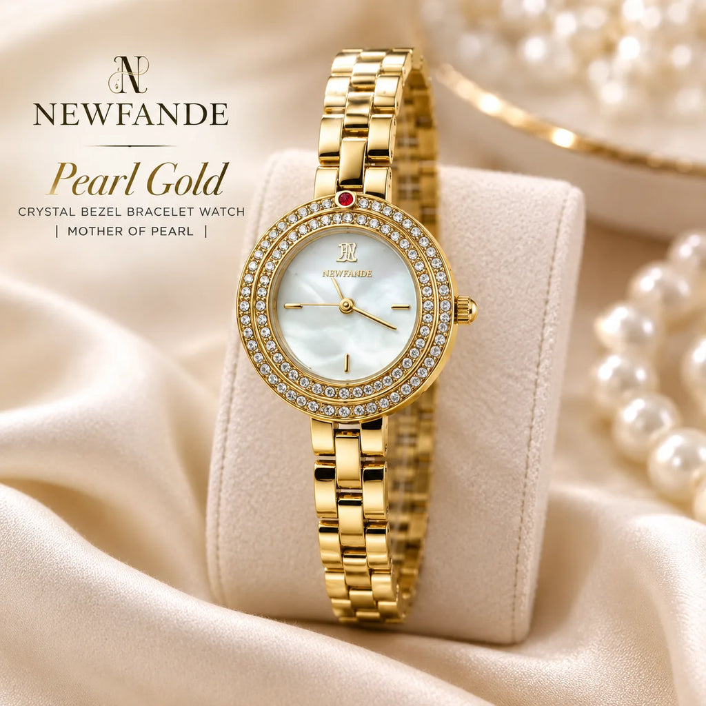 NEWFANDE Pearl Gold — Crystal Bezel Bracelet Watch | Mother of Pearl