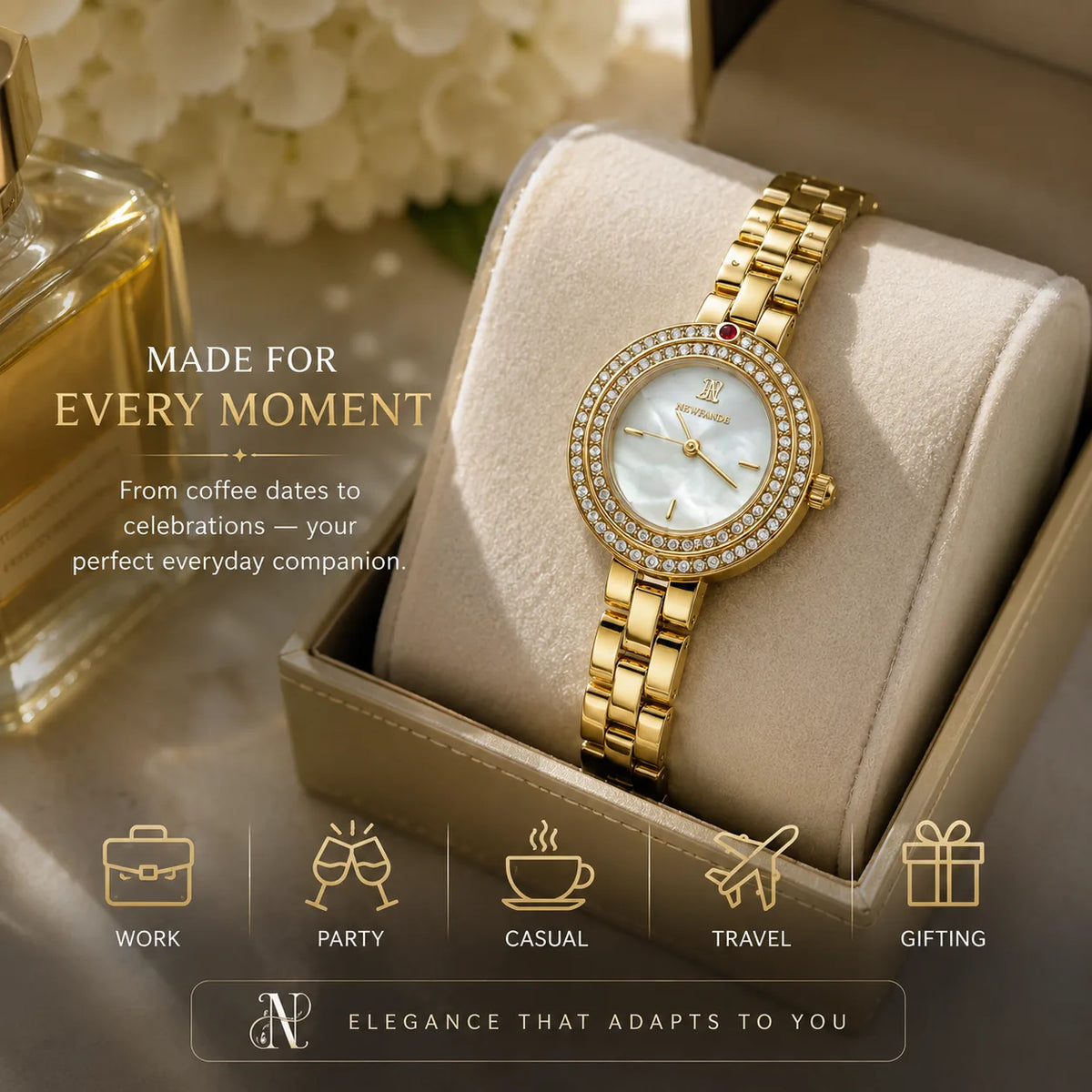 NEWFANDE Pearl Gold — Crystal Bezel Bracelet Watch | Mother of Pearl