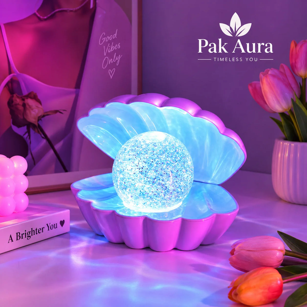 Clam LED Glitter Pearl Night Light – Decorative Ambient Lamp
