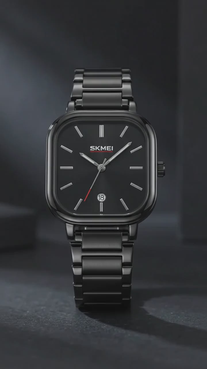 SKMEI 2318 Noir — Minimalist Square Watch | Black Steel