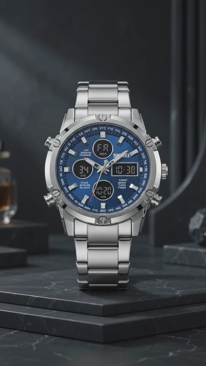 SKMEI 2119 Azure — Dual Display Chronograph | Silver Steel