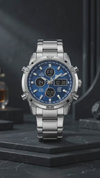 SKMEI 2119 Azure — Dual Display Chronograph | Silver Steel