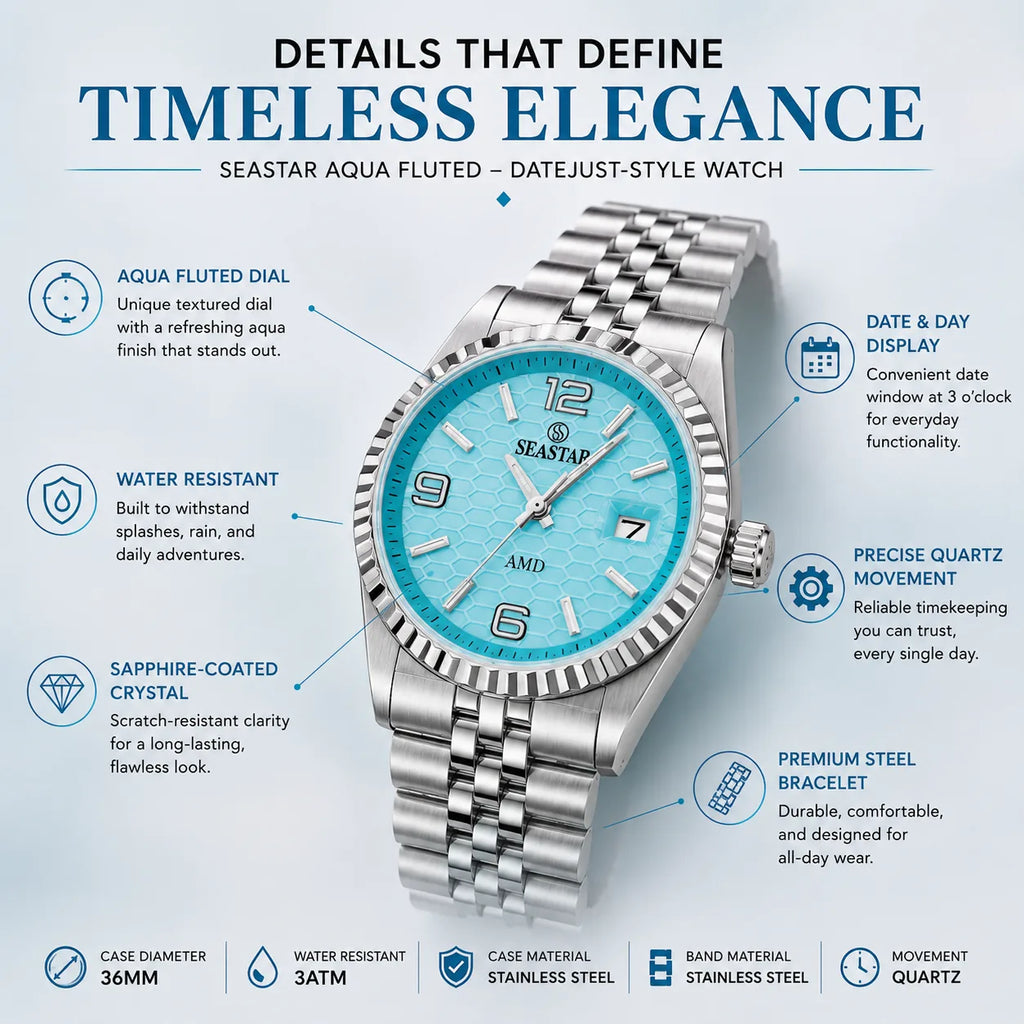 SEASTAR Aqua Fluted — Fluted Bezel Classic Watch | Steel Bracelet
