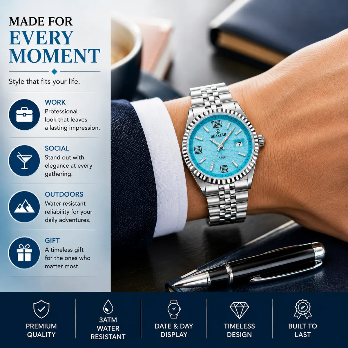 SEASTAR Aqua Fluted — Fluted Bezel Classic Watch | Steel Bracelet
