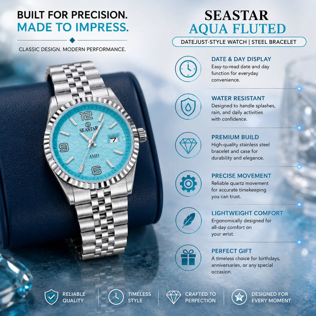 SEASTAR Aqua Fluted — Fluted Bezel Classic Watch | Steel Bracelet