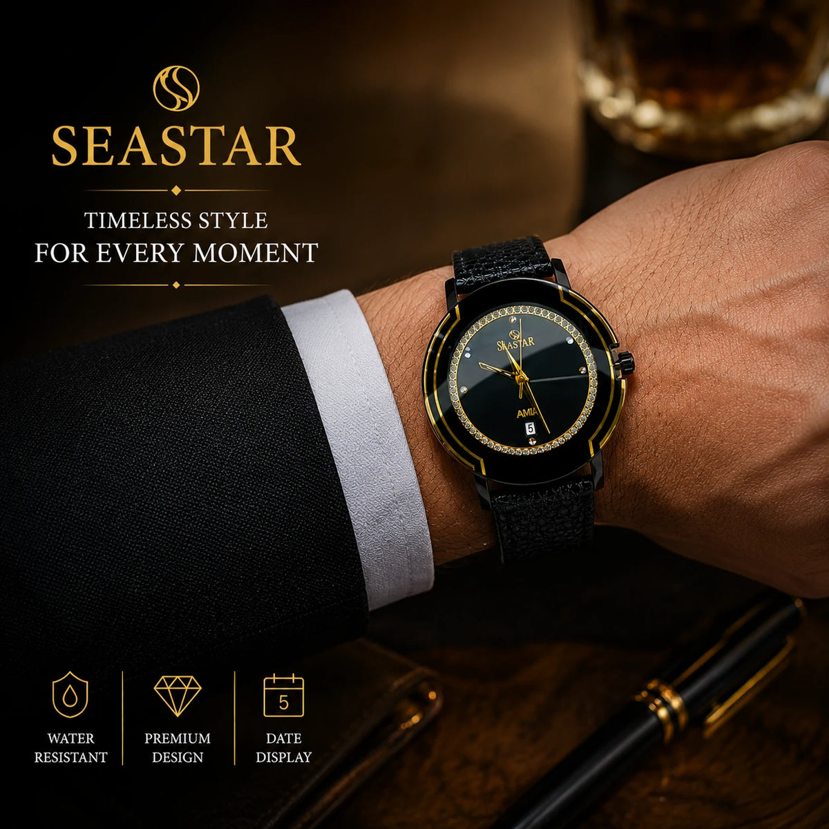 SEASTAR Dual-Timezone Bezel Diver Watch — Two-Tone Brown Dial