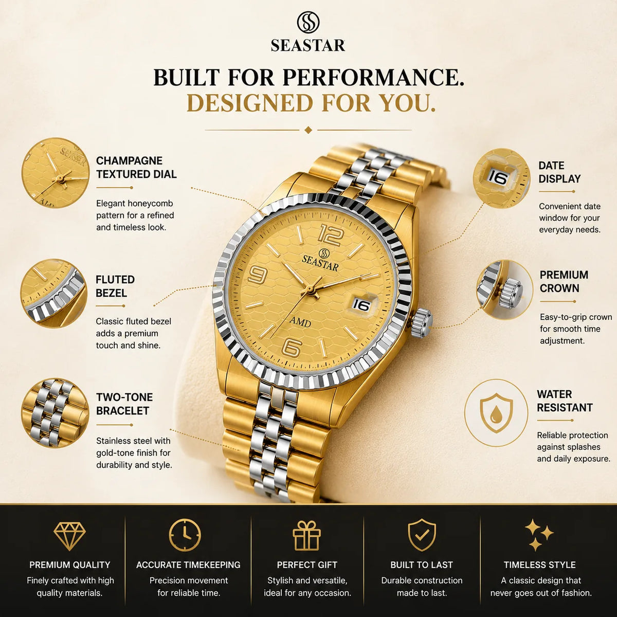 SEASTAR Champagne Duo — Fluted Bezel Classic Watch | Two-Tone