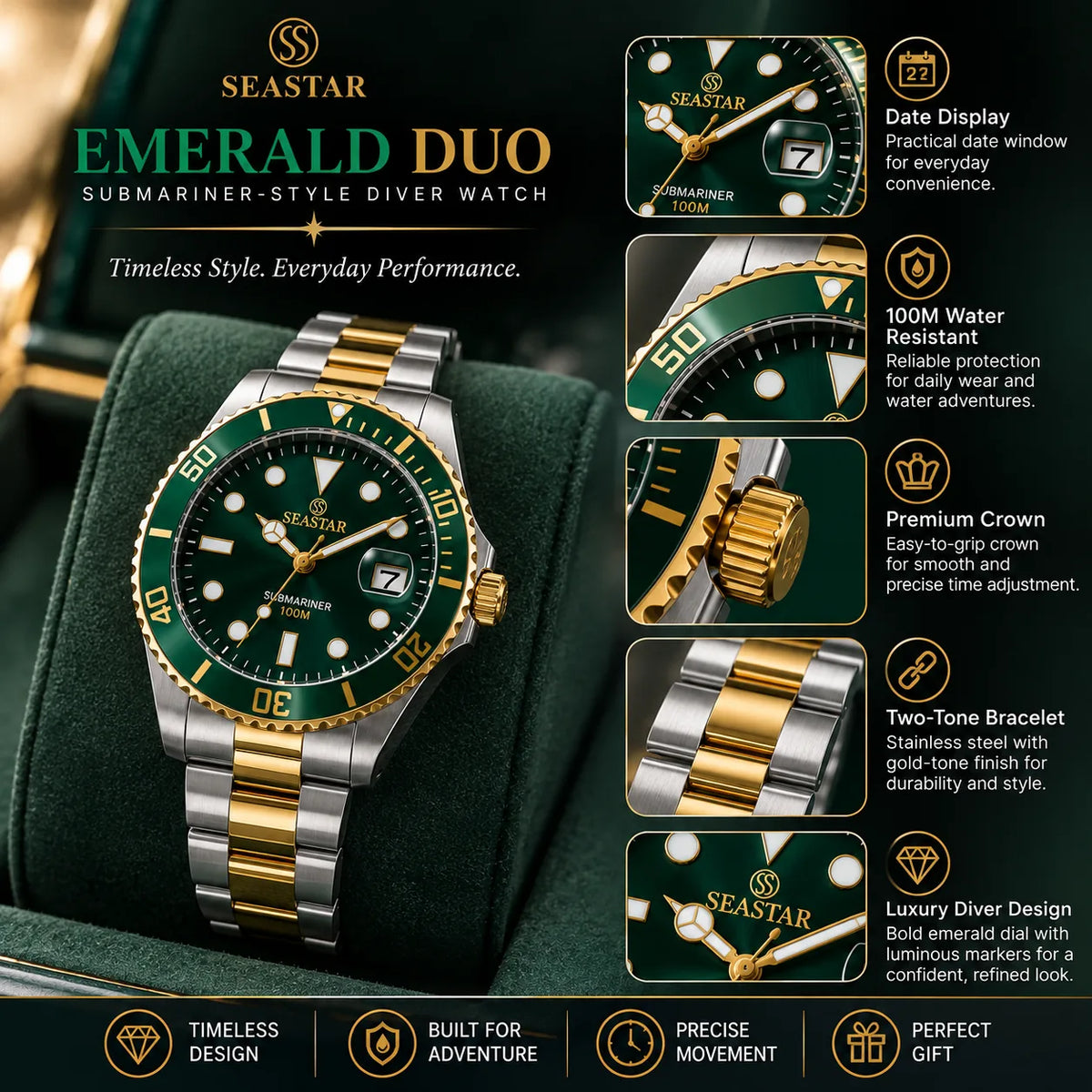 SEASTAR Emerald Duo — Rotating Bezel Dive Diver Watch | Two-Tone