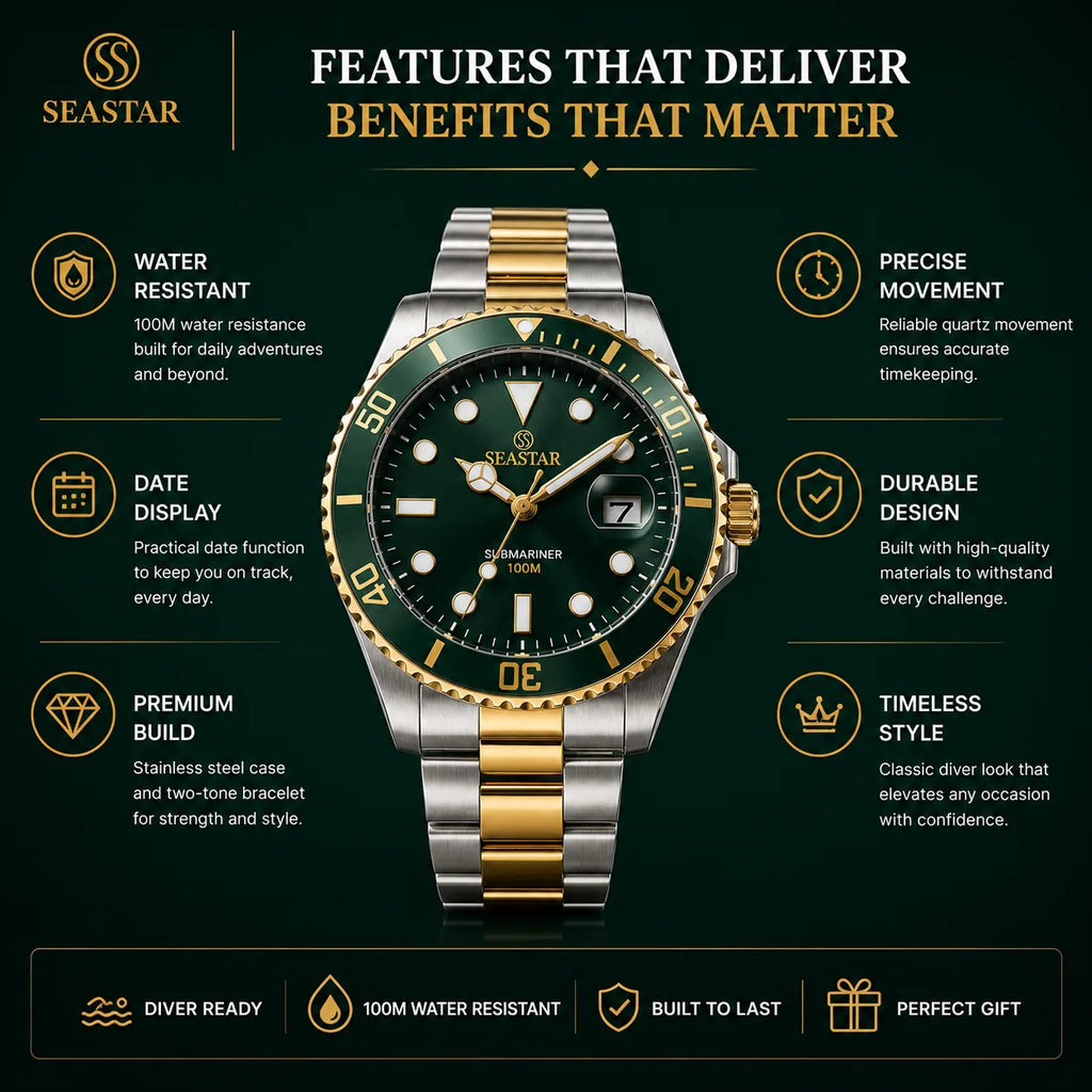 SEASTAR Emerald Duo — Rotating Bezel Dive Diver Watch | Two-Tone