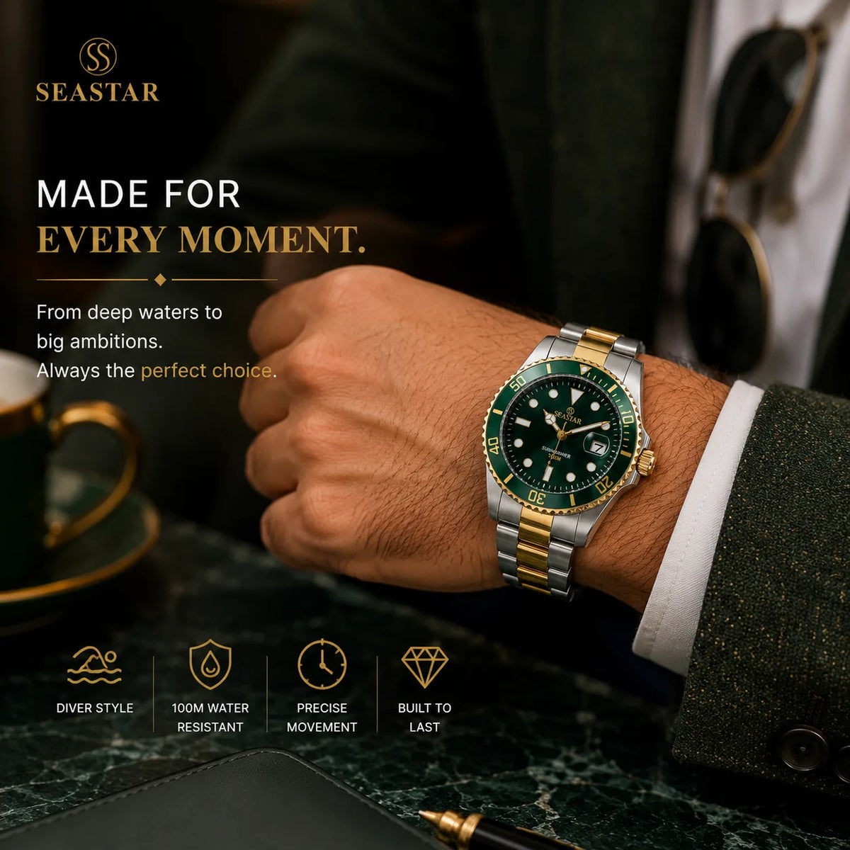 SEASTAR Emerald Duo — Rotating Bezel Dive Diver Watch | Two-Tone