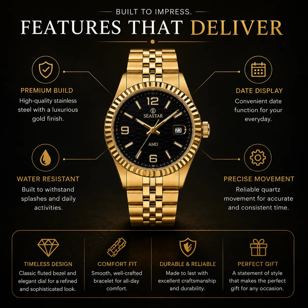 SEASTAR Gold Fluted — Fluted Bezel Classic Watch | Gold Bracelet