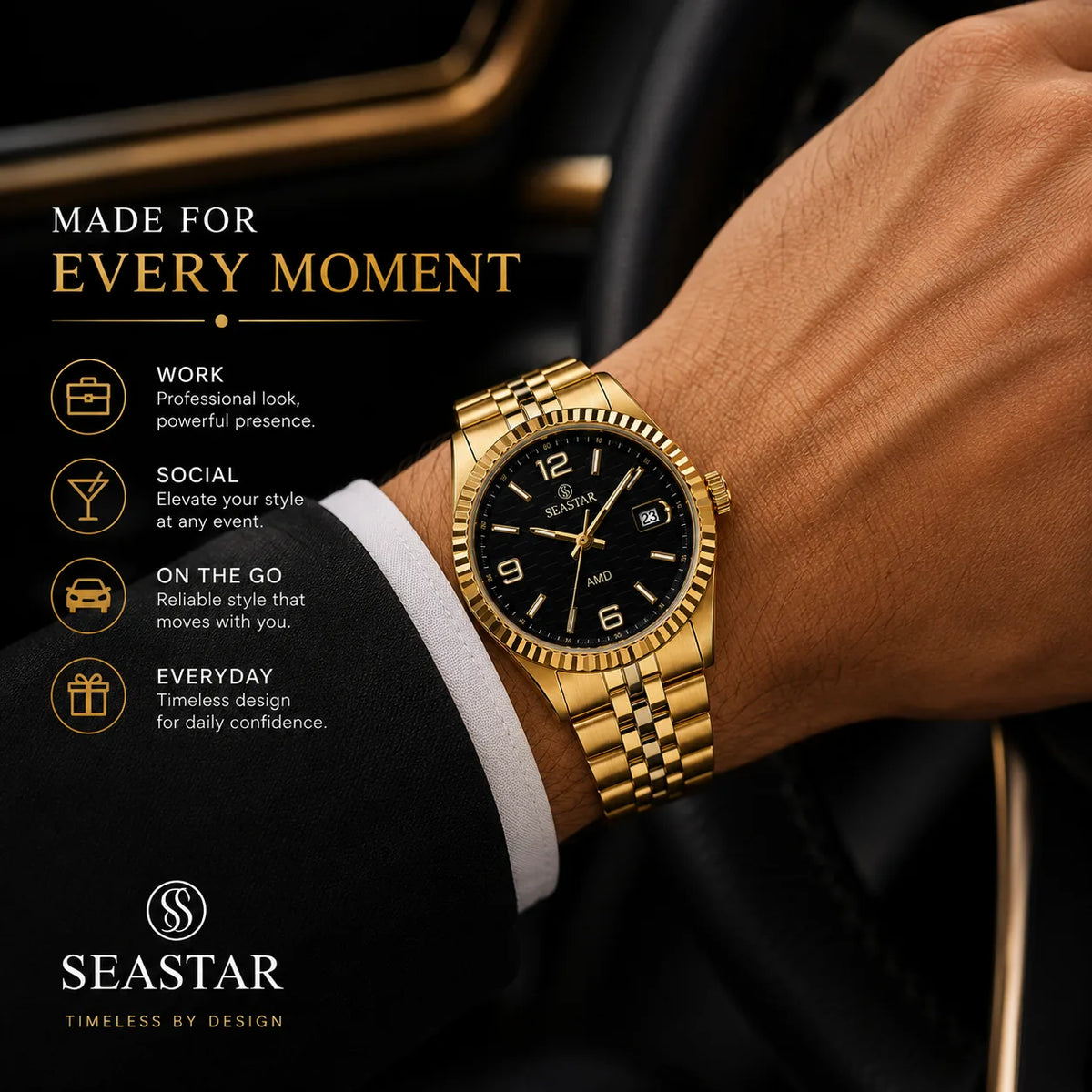 SEASTAR Gold Fluted — Fluted Bezel Classic Watch | Gold Bracelet