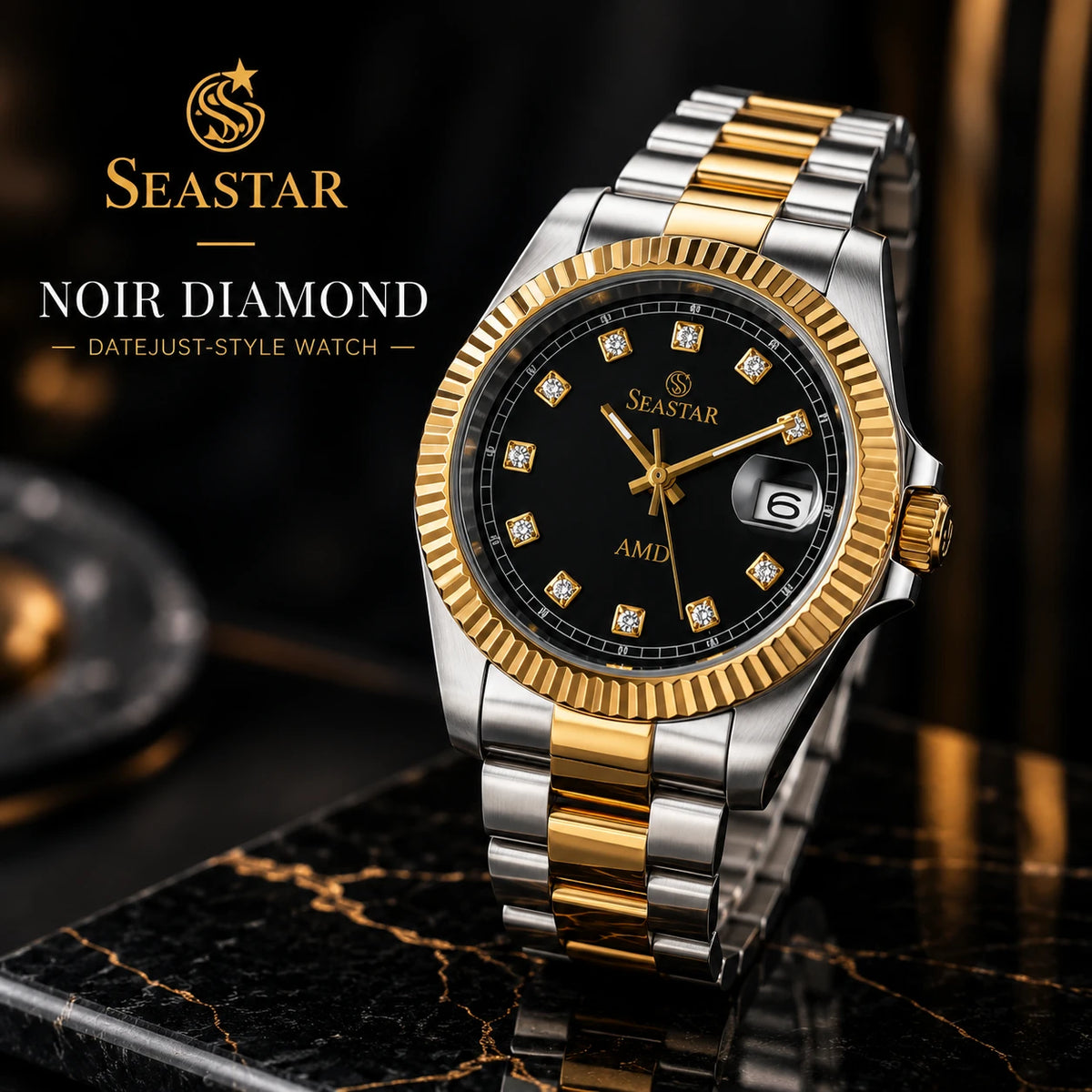 SEASTAR Noir Diamond — Fluted Bezel Classic Watch | Two-Tone
