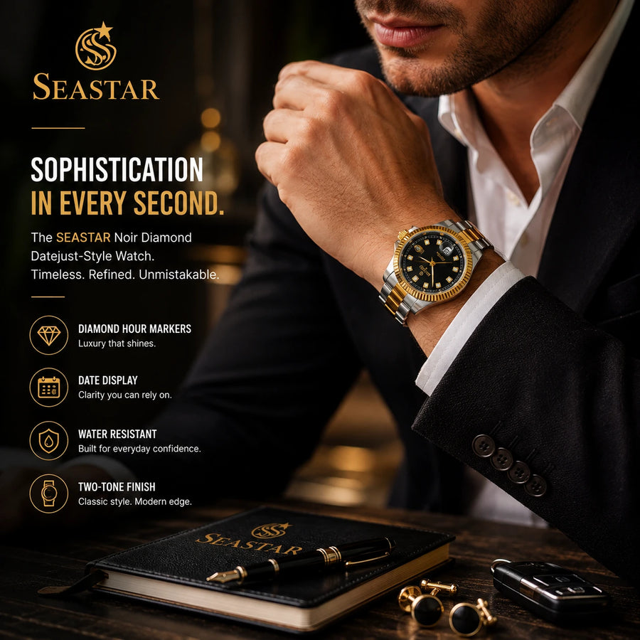 SEASTAR Noir Diamond — Fluted Bezel Classic Watch | Two-Tone