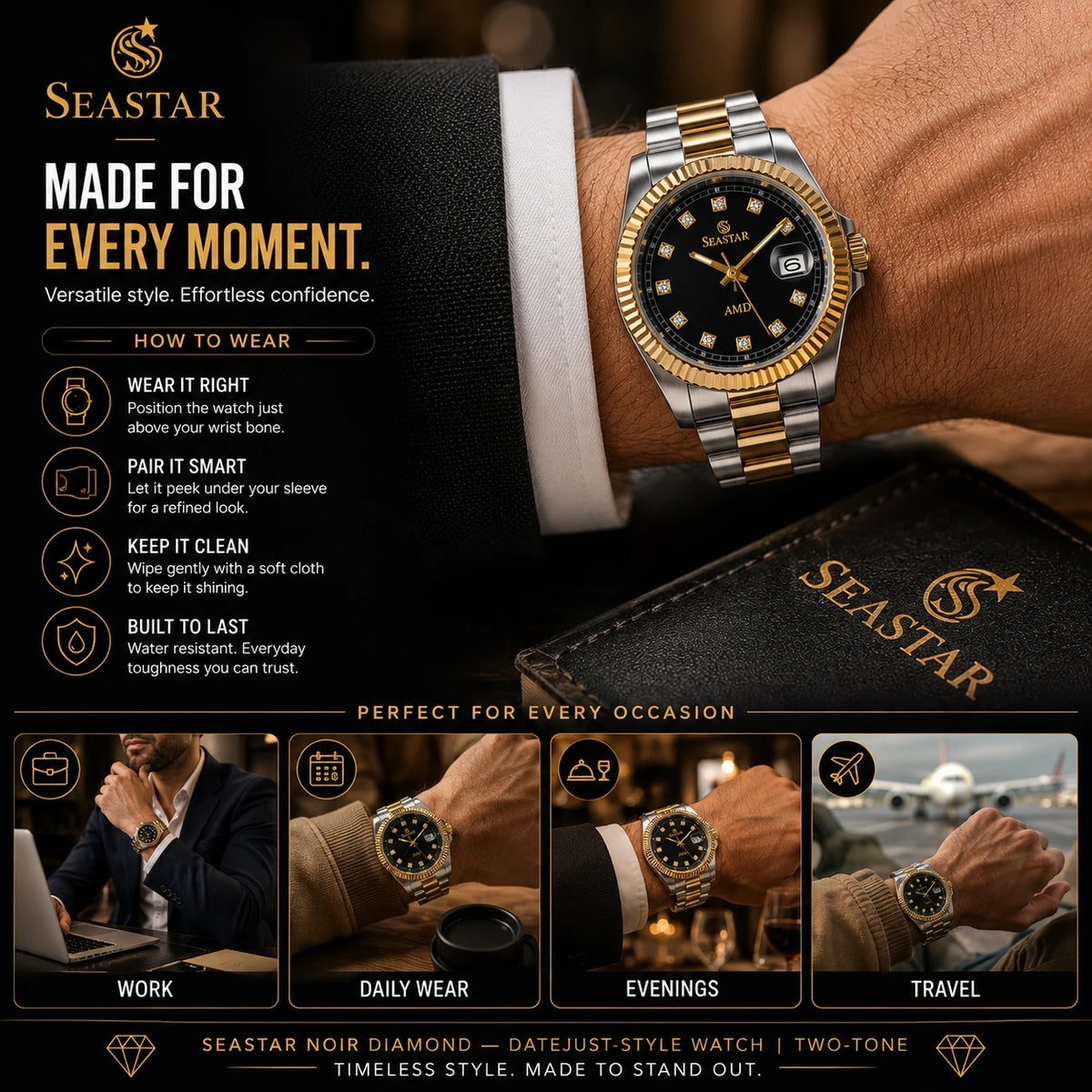 SEASTAR Noir Diamond — Fluted Bezel Classic Watch | Two-Tone