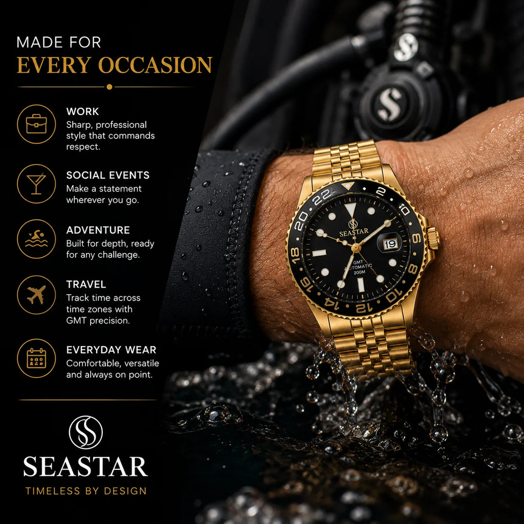 SEASTAR Noir Gold — GMT Diver Watch | Gold Bracelet